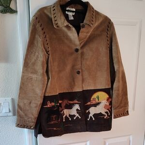Quacker Factory Tan Suede Trench Coat with Horse Design
